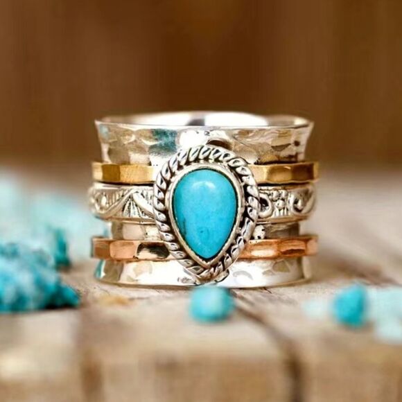 Vintage Wide Style Ring with Turquoise Color Stone Inlays - Picture 9 of 9